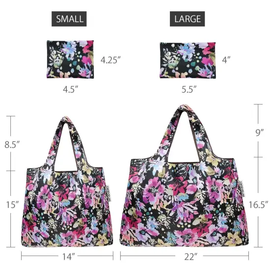 Wrapables Large & Small Foldable Tote Nylon Reusable Grocery Bags, Set of 2 Violet Flowers {2}