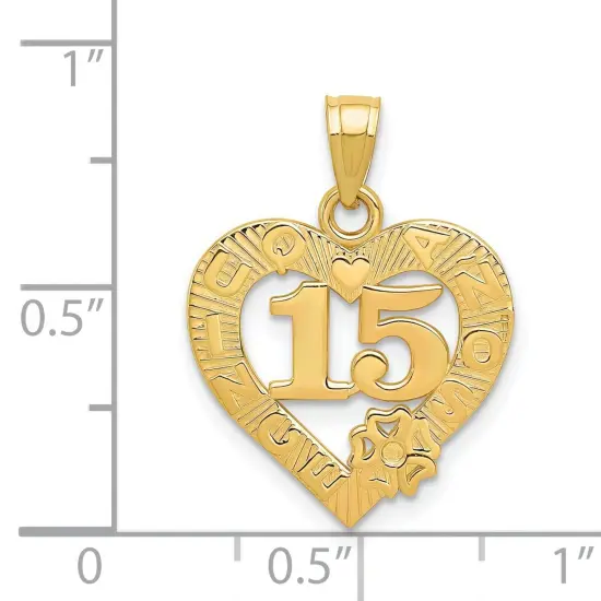14K Gold 15 Quince Anos Heart Charm Birthday Pendant Jewerly 22mm x 16mm {3}