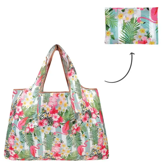 Wrapables Large Foldable Tote Nylon Reusable Grocery Bag Flamingos Flower {3}