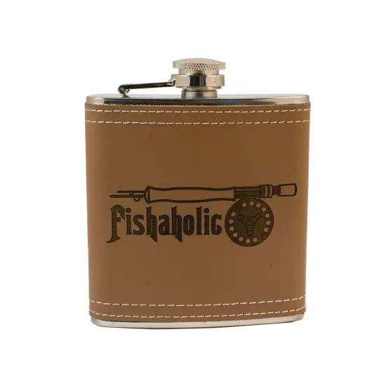 6oz Fishaholic Fly Fishing Leather Flask {1}