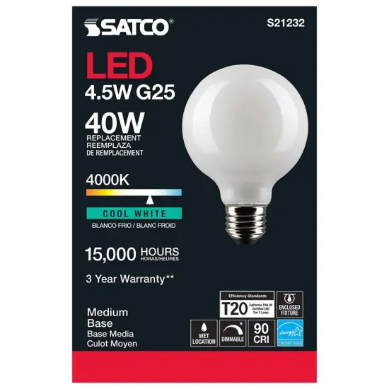6Pk - Satco 4.5w G25 Globe LED 4000K Medium Base White Dimmable - 40w equiv Cool White {5}