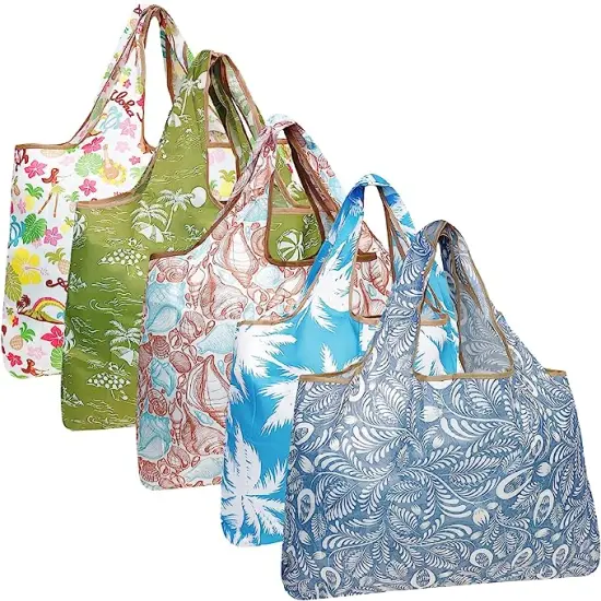 Wrapables Large Foldable Tote Nylon Reusable Grocery Bags, 5 Pack Carefree Paradise {1}