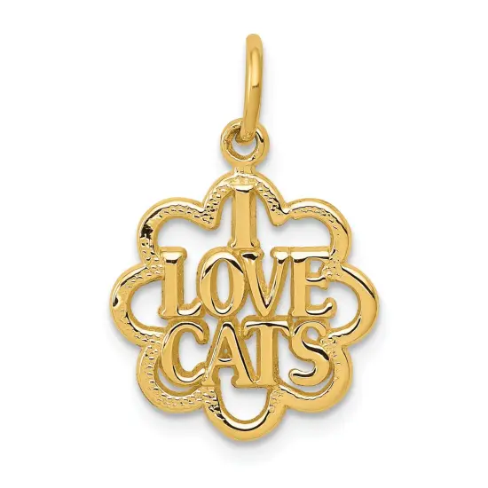 14K Yellow Gold I Love Cats Charm Kitty Cat Pendant Jewerly 22mm x 14mm {1}
