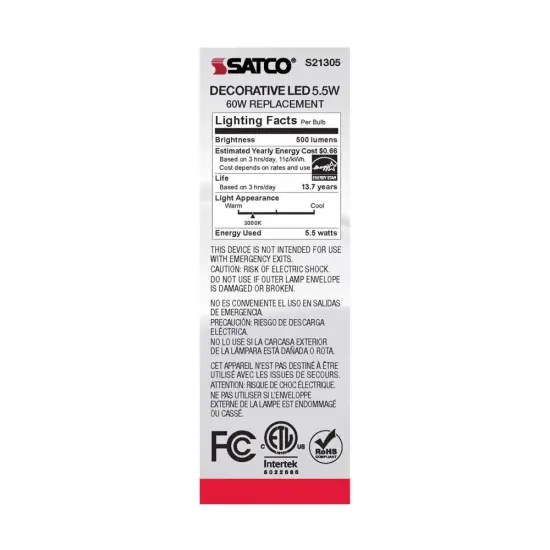 6Pk- Satco 5.5w CA10 LED 3000K Candelabra Base Dimmable - 60w equiv Warm White {6}