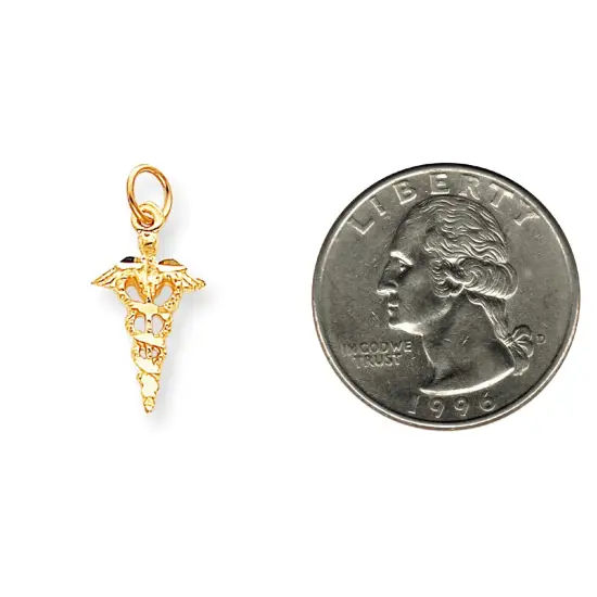 10K Yellow Gold Medical Caduceus Charm Diamond-Cut 25 X 11mm Jewerly {2}