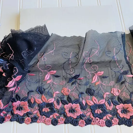 Kitcheniva 7.5" Wide Pink & Dark Grey Floral Embroidered Lace Trim {1}