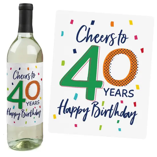 Big Dot of Happiness 40th Birthday - Cheerful Happy Birthday - Colorful Fortieth Birthday Party Decor - Wine Bottle Label Stickers - Set of 4 {3}
