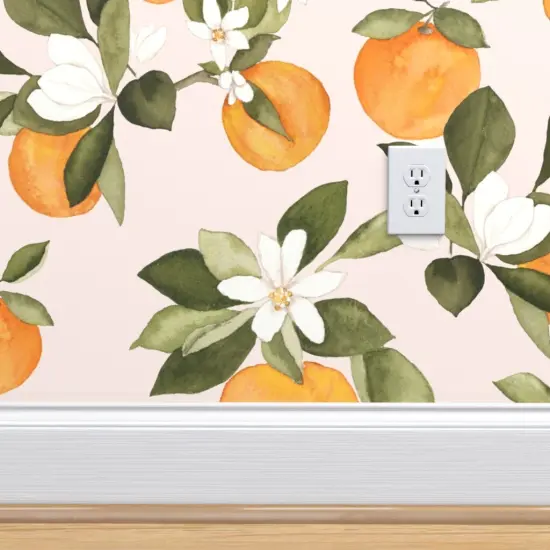 Peel & Stick Wallpaper 2FT Wide Orange Blossom Pink Oranges Blossoms Spring Fruit Summer Citrus Custom Removable Wallpaper by Spoonflower {4}