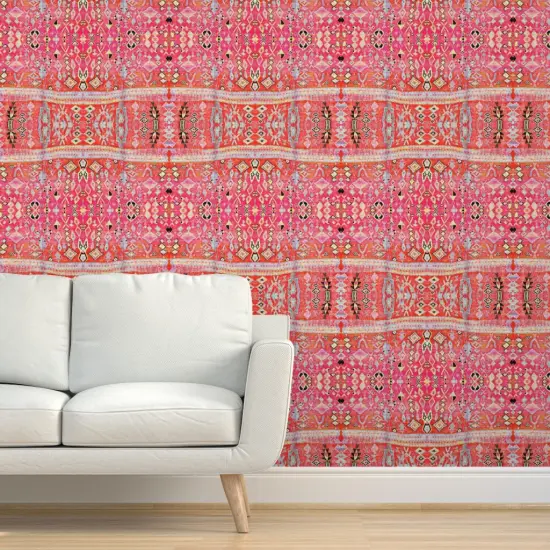 Pre-Pasted Wallpaper 2FT Wide Tropical Orange Pink Moroccan Style Turkish Inspired Kilim Boho Sunset Custom Pre-pasted Wallpaper by Spoonflower {5}