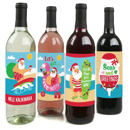 Big Dot of Happiness Tropical Christmas - Beach Santa Holiday Party Decorations for Women and Men - Wine Bottle Label Stickers - Set of 4 {1}