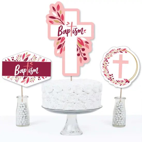 Big Dot of Happiness Baptism Pink Elegant Cross - Girl Religious Party Centerpiece Sticks - Table Toppers - Set of 15 {4}