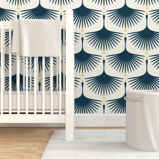 Pre-Pasted Wallpaper 2FT Wide Dark Blue Swans And Cream Mid Century Modern Art Deco Inspired Flying Cranes Custom Pre-pasted Wallpaper by Spoonflower {7}