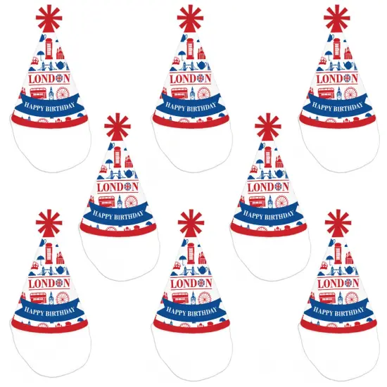 Big Dot of Happiness Cheerio, London - Cone Happy Birthday Party Hats for Kids and Adults - Set of 8 (Standard Size) {7}