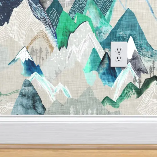 Peel & Stick Wallpaper 2FT Wide Mountain, Call, Adventure, Camping, Rustic, Painting, Watercolour, Forest, Woods, Geometric, Blue, Water Custom Removable Wallpaper by Spoonflower {4}