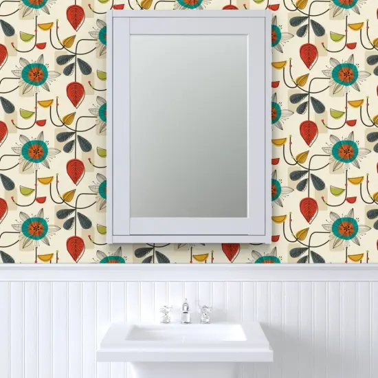 Pre-Pasted Wallpaper 2FT Wide Mid Century Retro Floral Block Colour Cream Beige Geometric Shapes Atomic Age Custom Pre-pasted Wallpaper by Spoonflower {6}