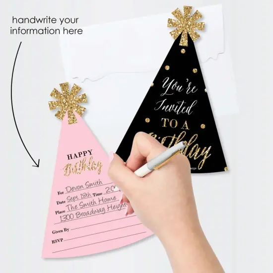 Big Dot of Happiness Chic Happy Birthday - Pink Black & Gold - Shaped Fill-in Invitations - Birthday Party Invitation Cards with Envelopes - Set of 12 {3}