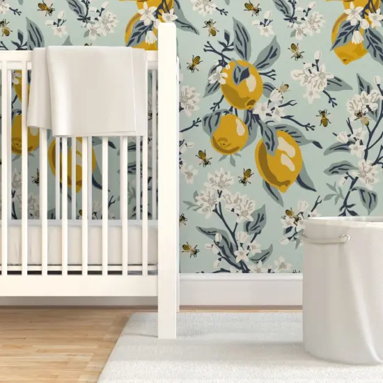 Pre-Pasted Wallpaper 2FT Wide Mint Botanical Farmhouse Citrus Country Floral Rustic Modern Jumbo Scale Custom Pre-pasted Wallpaper by Spoonflower {7}