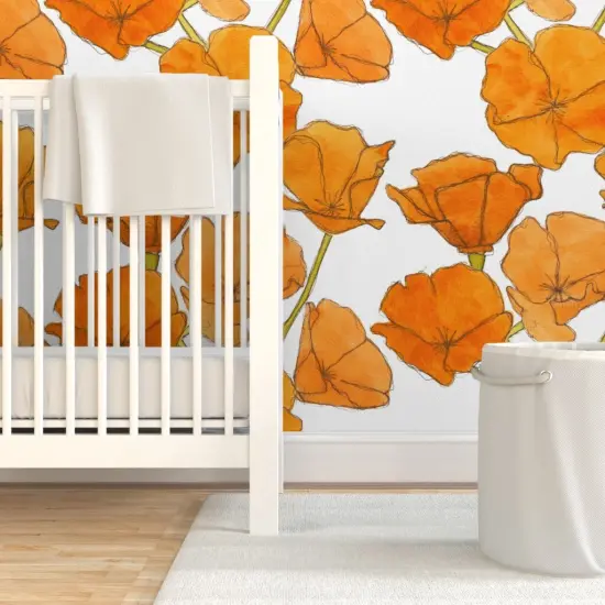 Pre-Pasted Wallpaper 2FT Wide California Poppy Watercolor Floral Orange Poppies Large Scale Custom Pre-pasted Wallpaper by Spoonflower {7}