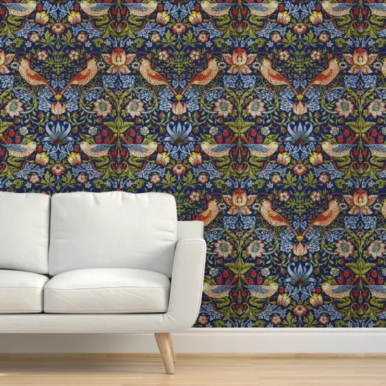 Pre-Pasted Wallpaper 2FT Wide Strawberry Bright Blue Medium Bird Floral Damask Custom Pre-pasted Wallpaper by Spoonflower {5}