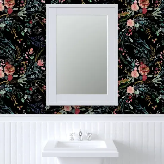 Peel & Stick Wallpaper 2FT Wide Botanical Faux Woven Texture Boho Floral Black And Pink Wild Flowers Bohemian Dark Custom Removable Wallpaper by Spoonflower {6}