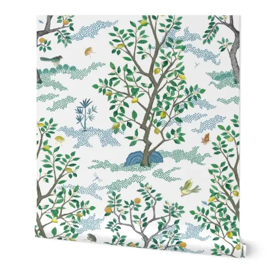 Peel & Stick Wallpaper 2FT Wide Orchard Toile Bird Green Blue Citrus Trees Large Scale Oranges Lemon Toile Chinoiserie Mural Grove Custom Removable Wallpaper by Spoonflower {7}