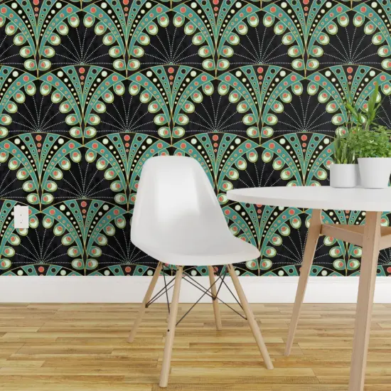 Peel & Stick Wallpaper 2FT Wide Art Deco Feather Nouveau Geometric Large Scale Boheme Symmetric Black And Teal Custom Removable Wallpaper by Spoonflower {1}