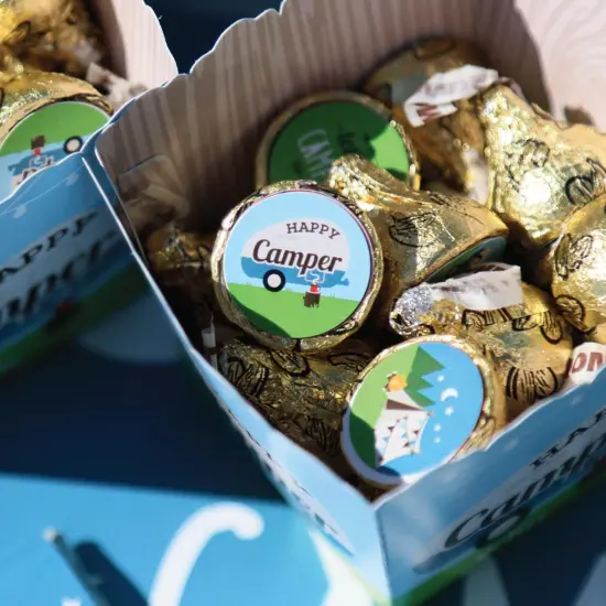 Big Dot of Happiness Happy Camper - Camping Baby Shower or Birthday Party Round Candy Sticker Favors - Labels Fits Chocolate Candy (1 sheet of 108) {6}