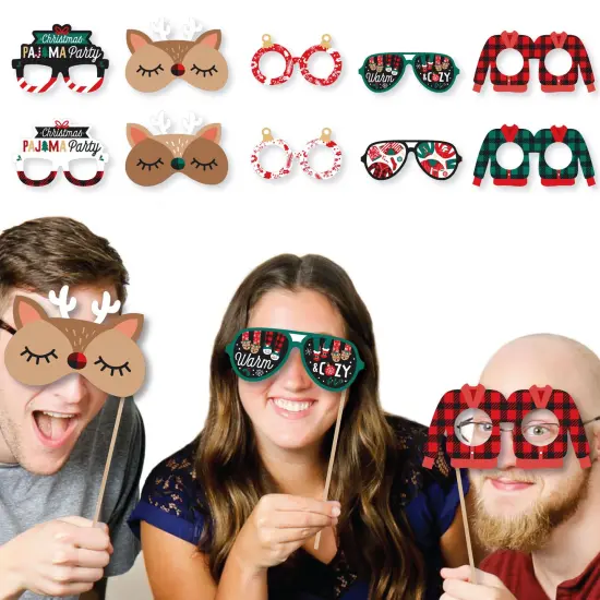 Big Dot of Happiness Christmas Pajamas Glasses and Masks - Paper Card Stock Holiday Plaid PJ Party Photo Booth Props Kit - 10 Count {3}
