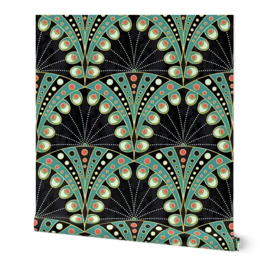 Peel & Stick Wallpaper 2FT Wide Art Deco Feather Nouveau Geometric Large Scale Boheme Symmetric Black And Teal Custom Removable Wallpaper by Spoonflower {7}