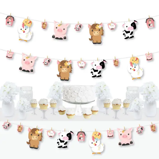 Big Dot of Happiness Girl Farm Animals - Pink Barnyard Baby Shower or Birthday Party DIY Decorations - Clothespin Garland Banner - 44 Pieces {1}