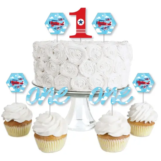 Big Dot of Happiness 1st Birthday Taking Flight - Airplane - Dessert Cupcake Toppers - Vintage Plane First Birthday Party Clear Treat Picks - 24 Ct {1}