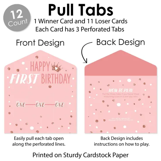 Big Dot of Happiness 1st Birthday Little Miss Onederful - Girl First Birthday Party Game Pickle Cards - Pull Tabs 3-in-a-Row - Set of 12 {6}