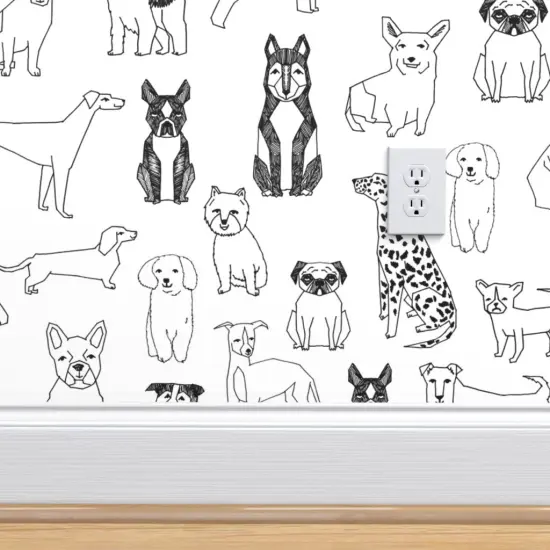 Peel & Stick Wallpaper 2FT Wide Black White Dogs Ink Drawing Dalmatian Labrador Retriever Terrier St Bernard Dog Breeds Custom Removable Wallpaper by Spoonflower {4}