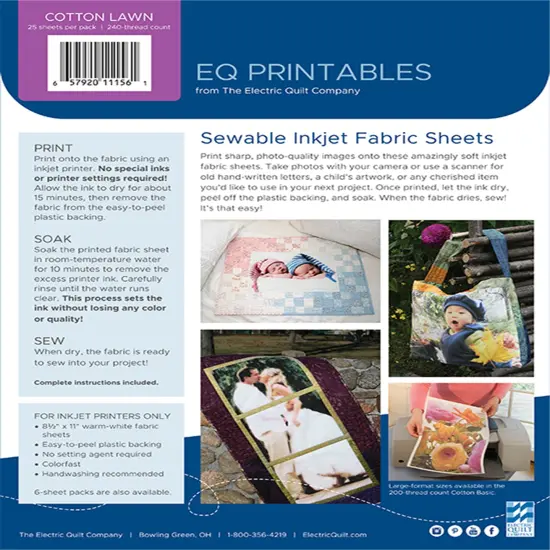 EQ Inkjet Printable Cotton Lawn Fabric Sheets 8.5"X11"-25/Pkg {2}