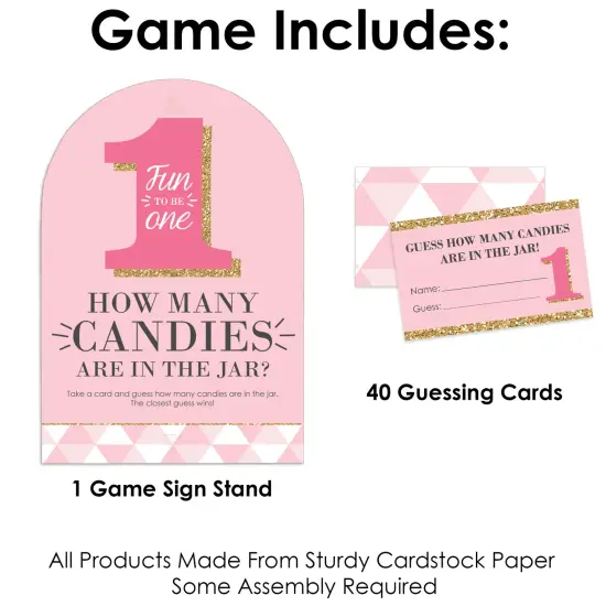 Big Dot of Happiness 1st Birthday Girl - Fun to be One - How Many Candies First Birthday Party Game - 1 Stand and 40 Cards - Candy Guessing Game {4}