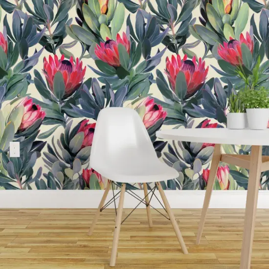 Peel & Stick Wallpaper 2FT Wide Painted Protea Floral Extra Large Tropical Vintage Olive Green Garden Inspired Botanical Leaves Home Decor Kitchen Custom Removable Wallpaper by Spoonflower {1}