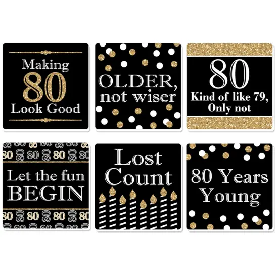 Big Dot of Happiness Adult 80th Birthday - Gold - Funny Birthday Party Decorations - Drink Coasters - Set of 6 {1}
