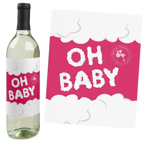 Big Dot of Happiness Girl Special Delivery - Pink It's A Girl Stork Baby Shower Decorations for Women and Men - Wine Bottle Label Stickers - Set of 4 {7}