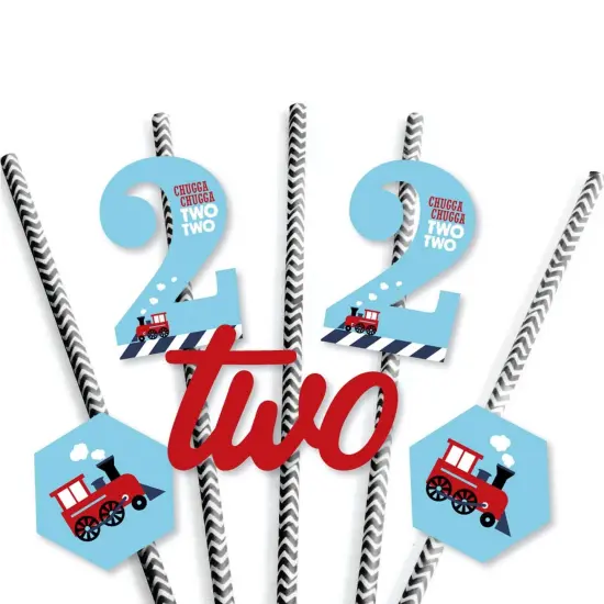 Big Dot of Happiness 2nd Birthday Railroad Party Crossing - Paper Straw Decor - Steam Train Second Birthday Party Striped Decorative Straws -Set of 24 {7}