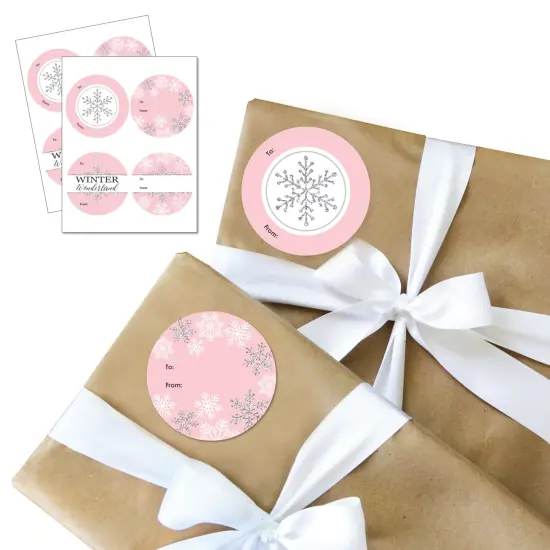 Big Dot of Happiness Pink Winter Wonderland - Round Holiday Snowflake Birthday Party and Baby Shower To and From Gift Tags - Large Stickers - Set of 8 {1}
