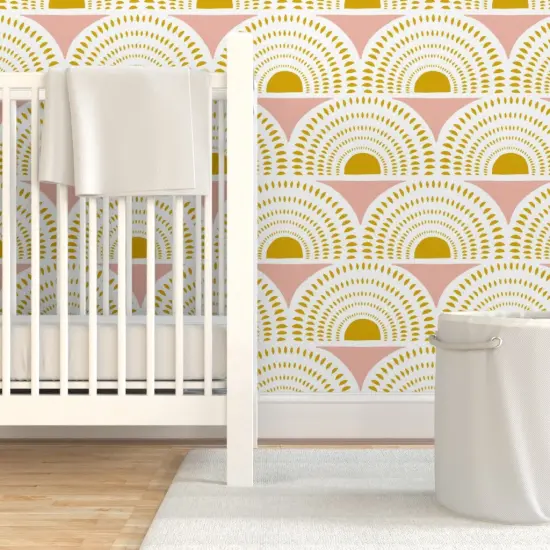 Pre-Pasted Wallpaper 2FT Wide Geometric Blush Gold Scallops Semicircles Art Deco Inspired Mustard Mod Custom Pre-pasted Wallpaper by Spoonflower {7}