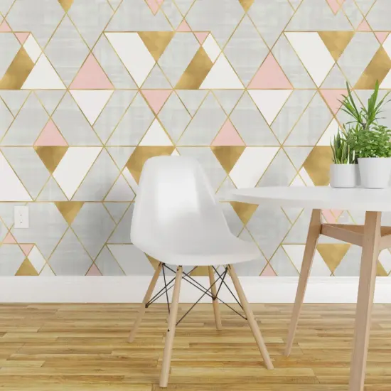 Pre-Pasted Wallpaper 2FT Wide Mod, Triangle, Geometric, Gold, Blush, Pink, Neutral, Modern Custom Pre-pasted Wallpaper by Spoonflower {1}