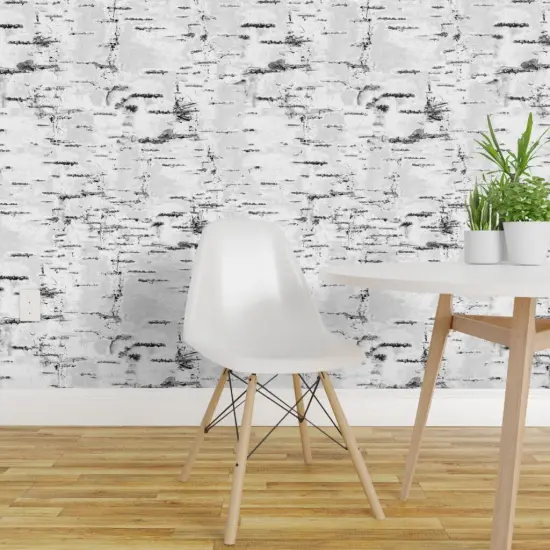 Pre-Pasted Wallpaper 2FT Wide Woodland Birch Trees White Gray Neutral Birch Textured Look Bark Aspen Custom Pre-pasted Wallpaper by Spoonflower {1}
