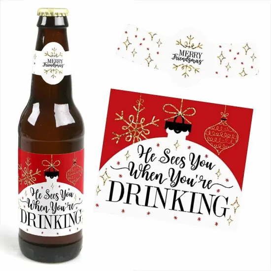 Big Dot of Happiness Red and Gold Friendsmas - Friends Christmas Party Decorations for Women and Men - 6 Beer Bottle Label Stickers and 1 Carrier {6}