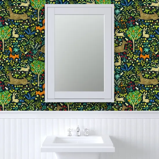 Peel & Stick Wallpaper 2FT Wide Medieval Animals Vintage Look Woodland Deer Fox Forest Wildflowers Custom Removable Wallpaper by Spoonflower {6}