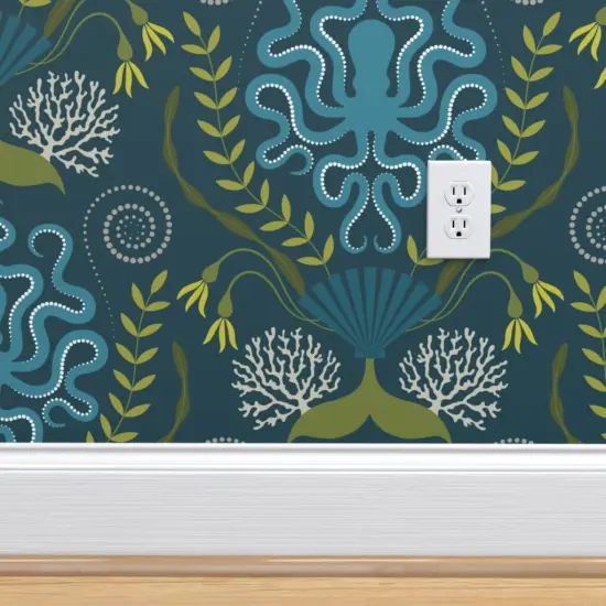 Pre-Pasted Wallpaper 2FT Wide Nautical Damask Victorian Style Botanical Blue Octopus Ocean Life Custom Pre-pasted Wallpaper by Spoonflower {5}