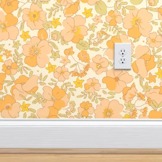Peel & Stick Wallpaper 2FT Wide 1970S Floral Yellow Flowers Peach 70S Nursery Sunny Blooming Bohemian Pattern Illustrated Flower Power Custom Removable Wallpaper by Spoonflower {4}