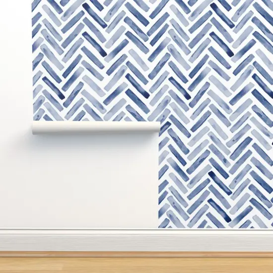 Pre-Pasted Wallpaper 2FT Wide Watercolor Chevron Herringbone Modern Boy Nursery Blue And White Custom Pre-pasted Wallpaper by Spoonflower {2}