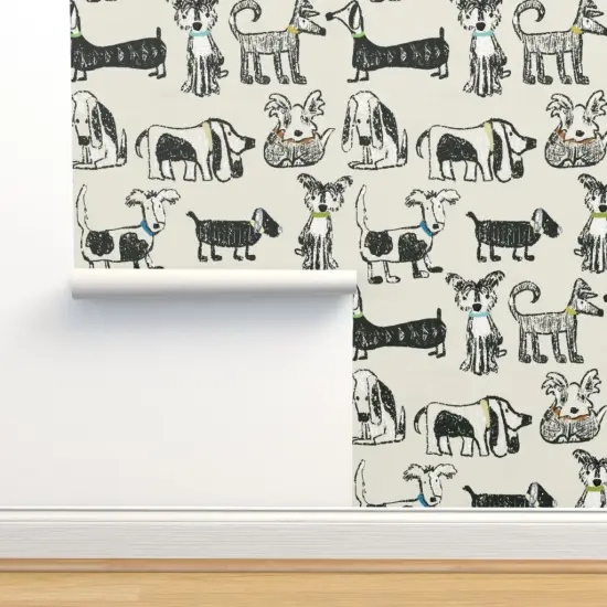 Peel & Stick Wallpaper 2FT Wide Dogs Pet Animal Gender Neutral Puppies Sketch Hand Drawn Custom Removable Wallpaper by Spoonflower {2}