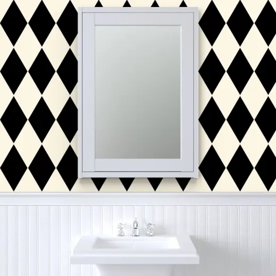 Peel & Stick Wallpaper 2FT Wide Diamonds Cosmic Latte Black Large Cream Geometric Squares White Checkered Custom Removable Wallpaper by Spoonflower {6}